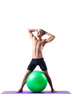 Man with swiss ball doing exercises on white