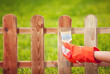 Applying protective varnish to a wooden fence