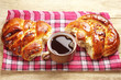 Photo: Cup of coffee and sweet bun Cup of coffee and sweet bun