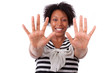 Young black woman showing her  hands palm - African people