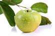 Juicy green apple with leaves, isolated on white