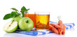 Glasses of juice, apples and carrots, isolated on white