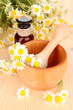 Essential oil and chamomile flowers in mortar on wooden table
