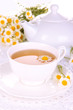 Cup of herbal tea with camomiles close up