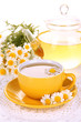Cup of herbal tea with camomiles close up