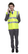 Man Wearing Security Jacket Talking On Walkie Talkie