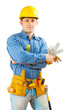Photo: worker holding gloves isolated worker holding gloves isolated