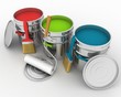 Illustration: open buckets with a paint, brush and rollers open buckets with a paint, brush and rollers