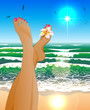 Female legs against the sunny beach