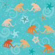 Seamless pattern with octopuses, shells and stars