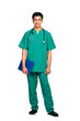 Portrait of doctor with health record on white background