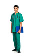 Portrait of doctor with health record on white background