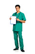 Portrait of doctor with health record on white background