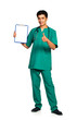 Portrait of doctor with health record on white background