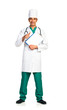 Portrait of doctor with health record on white background