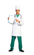 Portrait of doctor with health record on white background