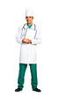Portrait of doctor with health record on white background