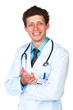 Portrait of a smiling male doctor showing finger at you