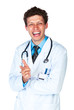 Portrait of a smiling male doctor showing finger at you on white