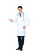Portrait of a smiling young male doctor pointing sideways isolat