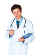 Young male doctor writing on a patient's medical chart