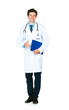 Young doctor holding a notepad and finger up on white background