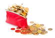 Red purse full of gold coins on a white