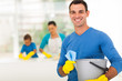 Photo: happy family man cleaning home with family happy family man cleaning home with family