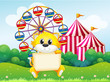 A cat at the carnival holding an empty board