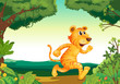 A tiger running along the forest