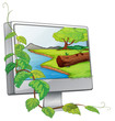 A monitor showing a river in a forest