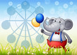An elephant with balloons in front of the ferris wheel