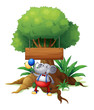 An elephant under the tree with a wooden signboard