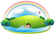 A boy swimming in the river near the hill