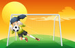 A female soccer player catching the ball