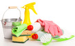 Bright colorful cleaning set on a wooden table