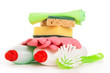 Bright colorful cleaning set on a wooden table