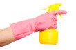 Hand in a pink glove holding spray bottle