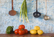 food still life: vegetables + vintage kitchen utensils, slow foo
