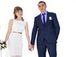 Portrait of Caucasian groom and Asian bride.