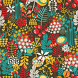 Beautiful seamless pattern with cute birds and pretty flowers.