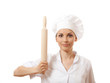 Baker / Chef woman holding baking rolling pin, isolated on white