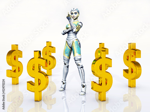 Illustration: Female Robot with Dollar Signs Female Robot with Dollar Signs