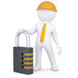 3d man in helmet with the combination lock