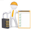 3d man in helmet with lock and checklist