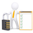 3d white man with combination lock and checklist