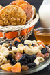Nuts and dried fruits mix and baked peanut butter cookies
