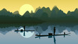 Vector illustration fisher on lake against sun.