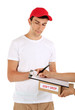 Young delivery man giving parcel, isolated on white