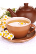 Cup of herbal tea with camomiles close up